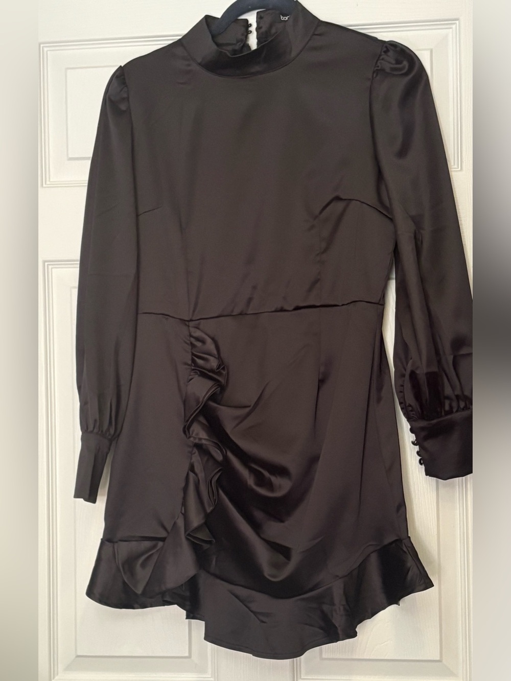 Boohoo Black Satin Dress with Ruffle Hem